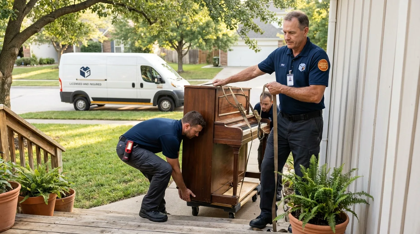 Licensed piano movers securing grand piano in Center Line, MI