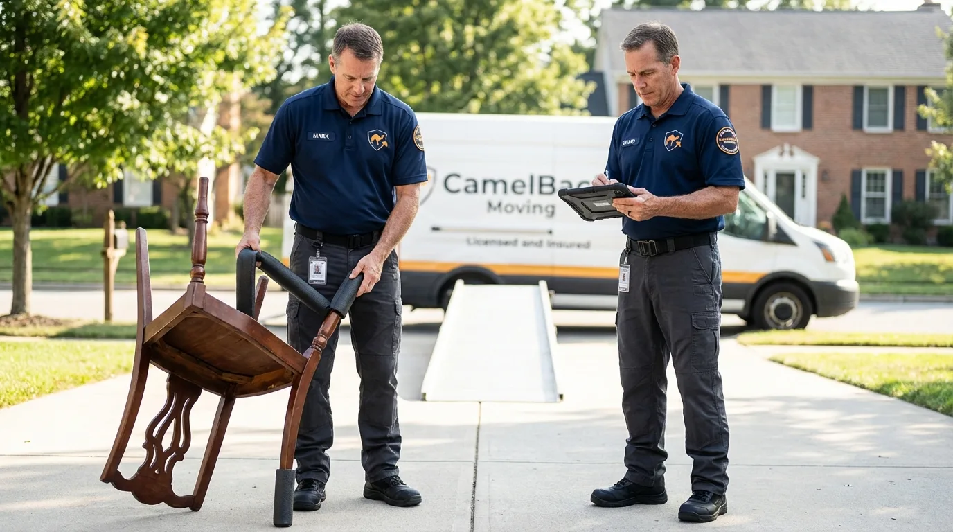 Movers inspecting furniture for damage prevention before loading in Center Line, MI