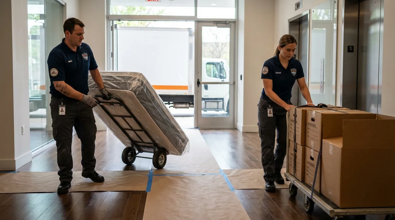 Professional apartment movers loading elevator in Center Line, MI